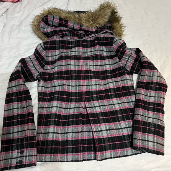 PINK Double-breasted wool blazer/jacket removable faux fur hood - M - Picture 2 of 4